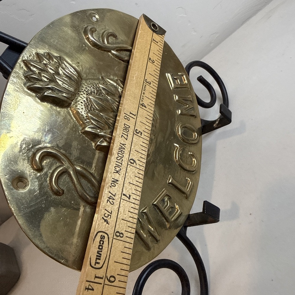 Vintage Solid Brass Welcome Sign Oval Embossed Pineapple Entryway Wall Plaque - Picture 6 of 8